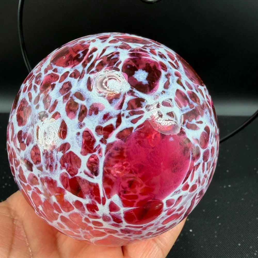 Hand Blown Glass Friendship Ball Ornament Pink‎ White Speckled Heart Stand VTG